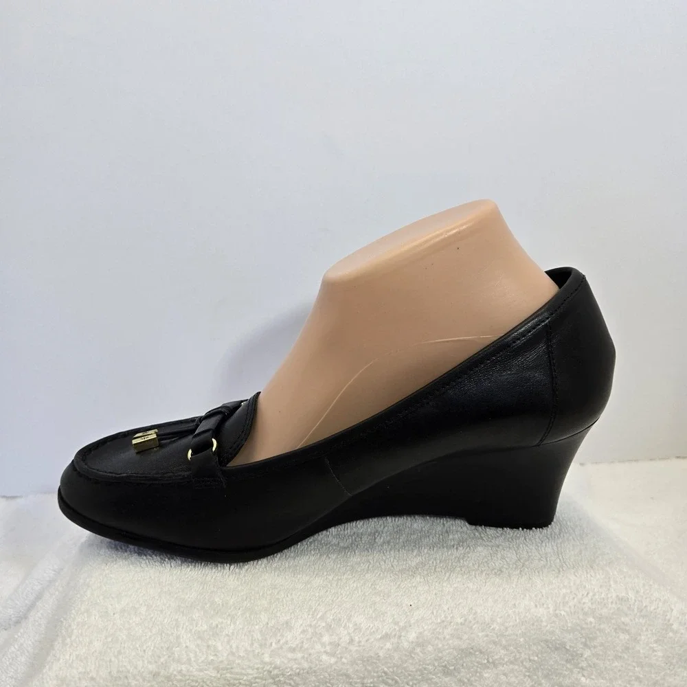 Lauren Ralph Lauren Rory Black  Leather Tassel Loafer Wedge Heels Women 9.5 B